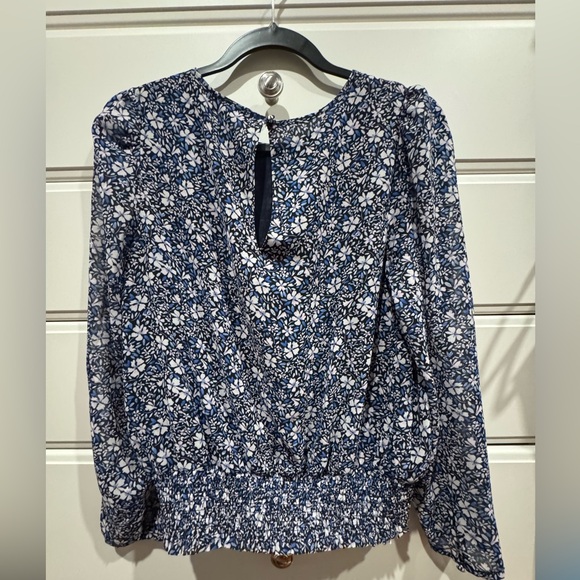 1.STATE Puff Sleeve Blue Floral Print Crew Neck Blouse Medium - Picture 6 of 6